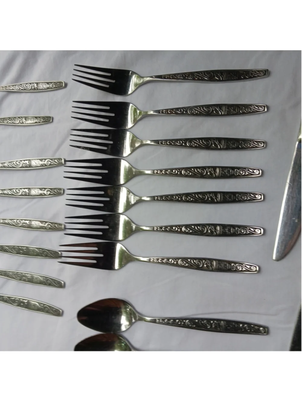 VTG MCM Stainless Steel Flatware Set Scroll Asian Good Luck Bell Chalice